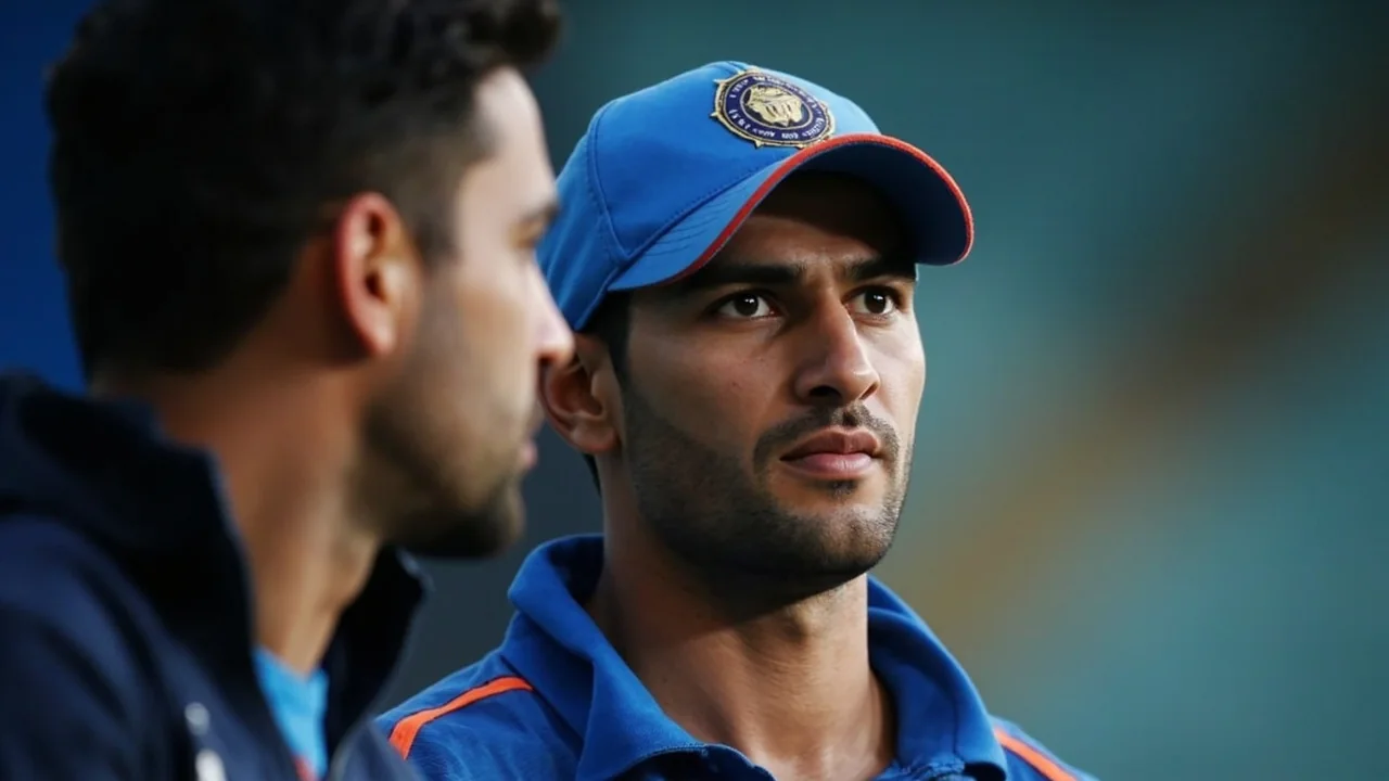Close editorial frame of two international cricketers in conversation during a training break on a sunlit outfield, the kind of moment where a date shift reshapes a captain call.