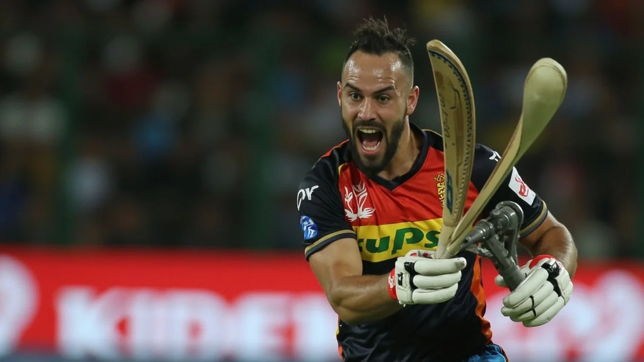 A batsman in mid-stroke under stadium lights, the kind of high-pressure moment that defines an IPL final chase.