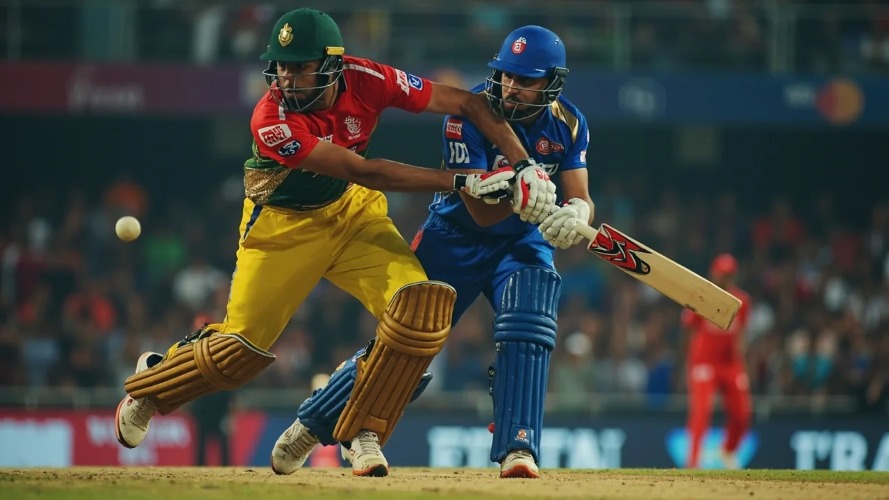 A packed cricket stadium at twilight under floodlights, the kind of setting where an IPL final is decided.