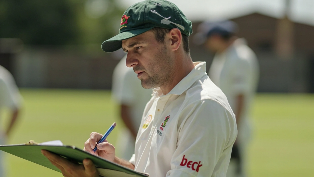 A cricket coach writing team selection notes on a clipboard during practice in bright outdoor daylight