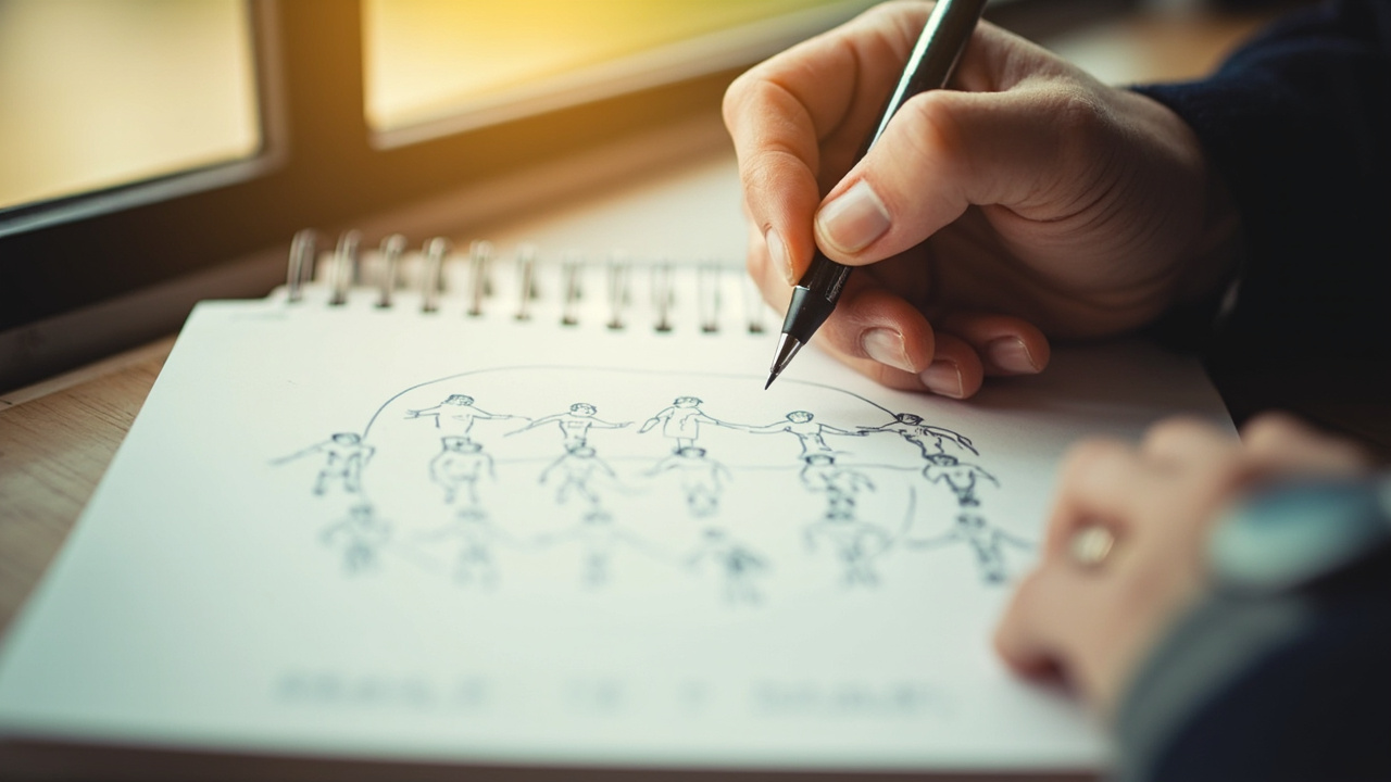 A hand drawing a team formation on a notebook with cricket pitch outline in bright window light