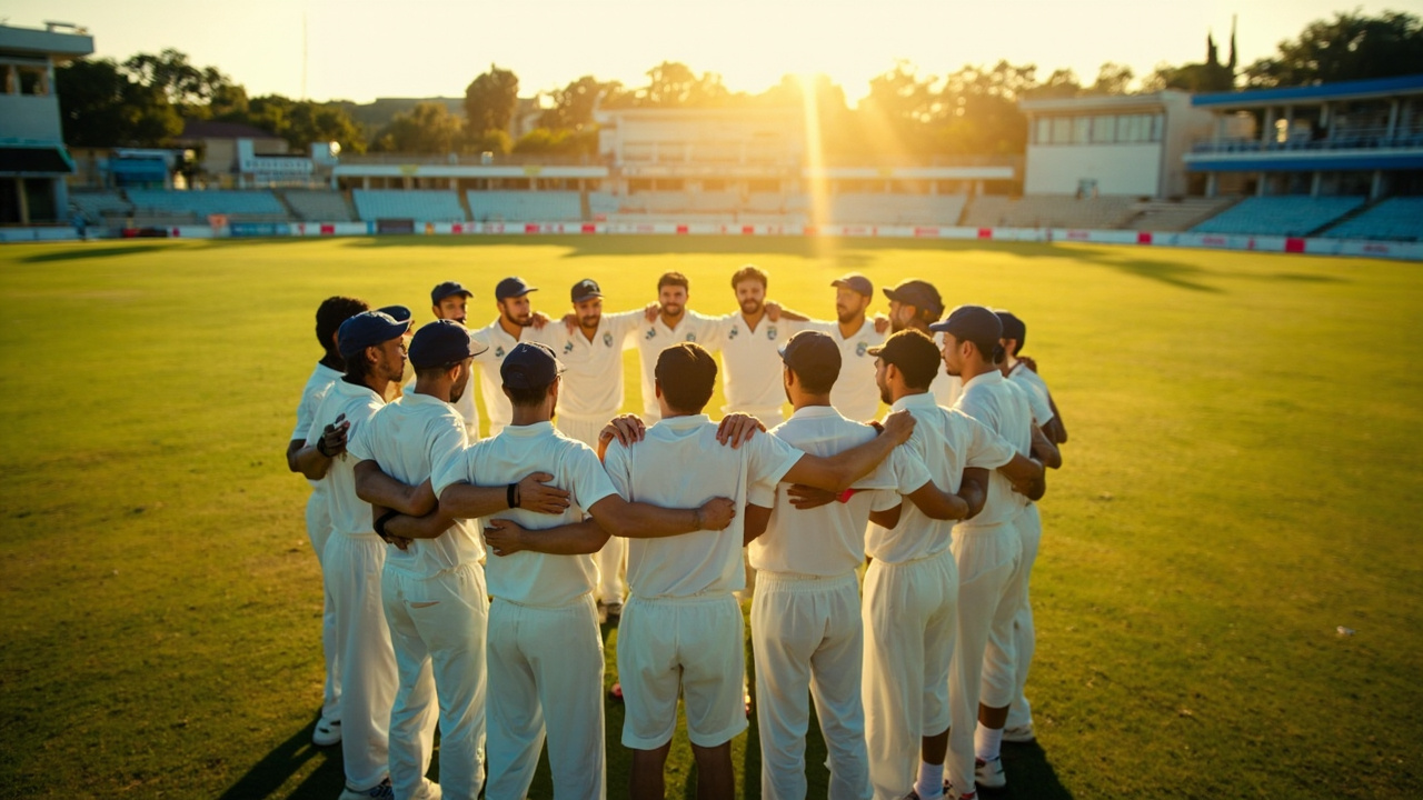 A cricket team huddle in a circle at a sunny practice ground