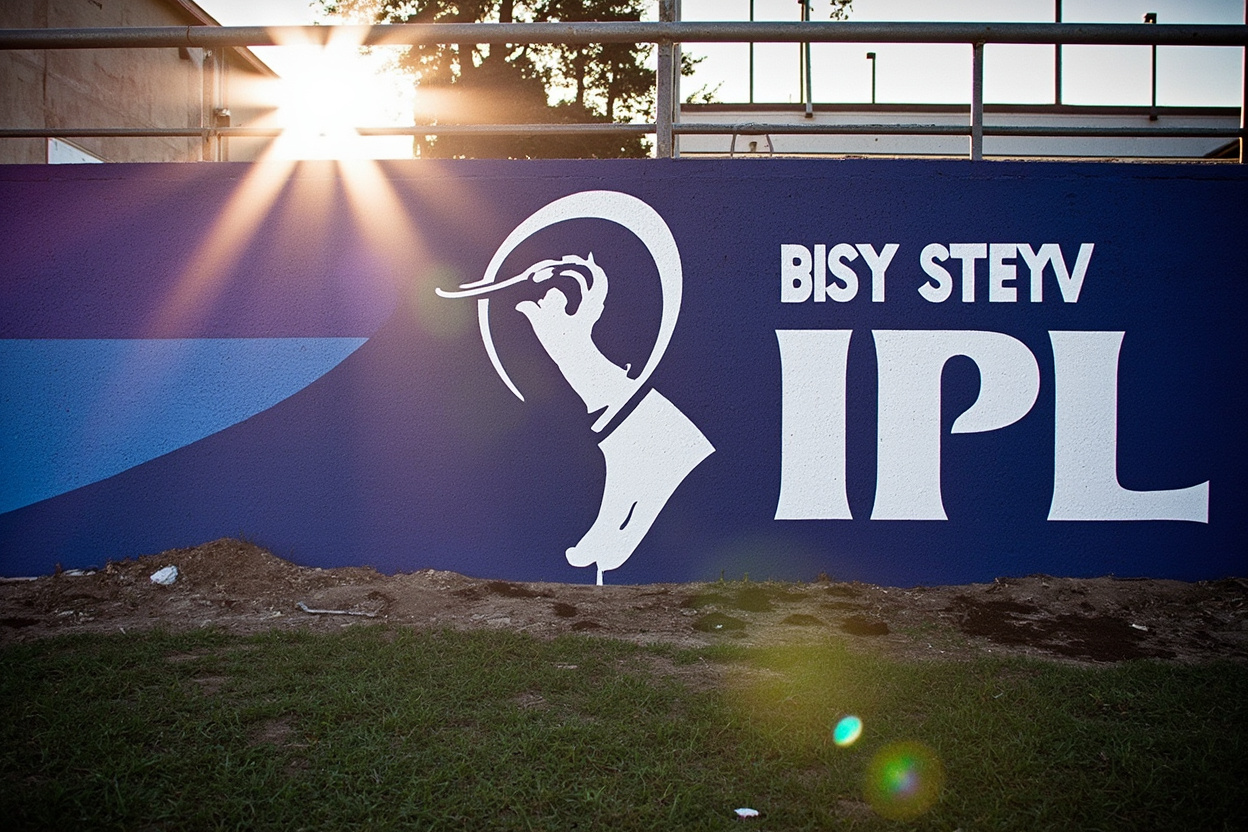An IPL-style team logo painted large on a stadium wall in bright sunlight