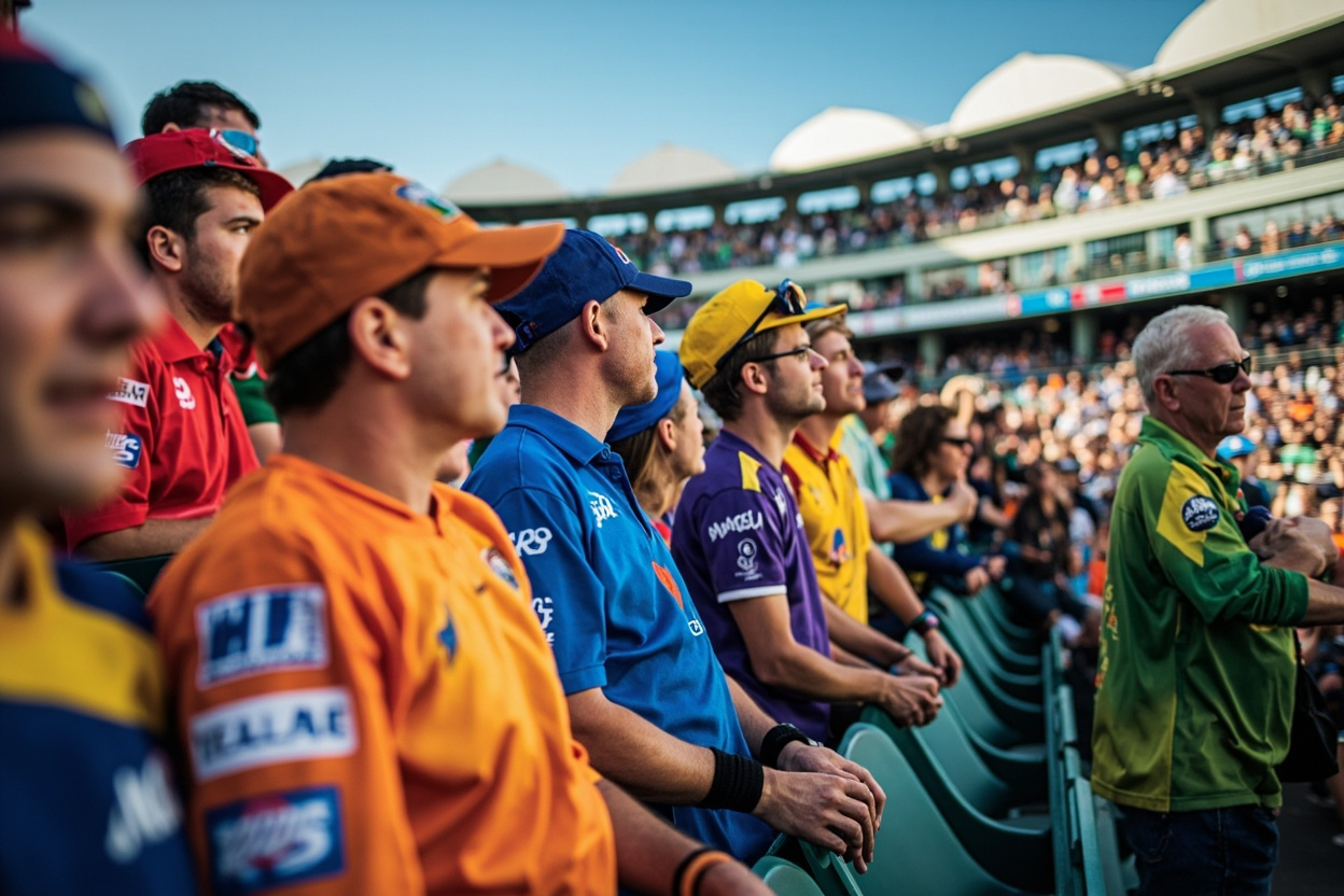 Cricket fans wearing colourful jerseys at a daytime stadium stand