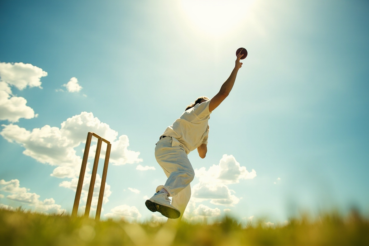 A bowler delivering the ball during a sunny cricket match with a bright sky