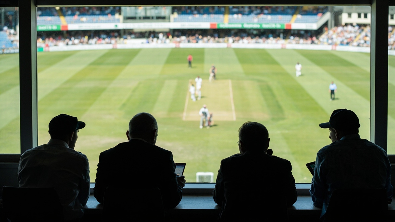 Cricket journalists in a press box overlooking a daytime match in bright window light