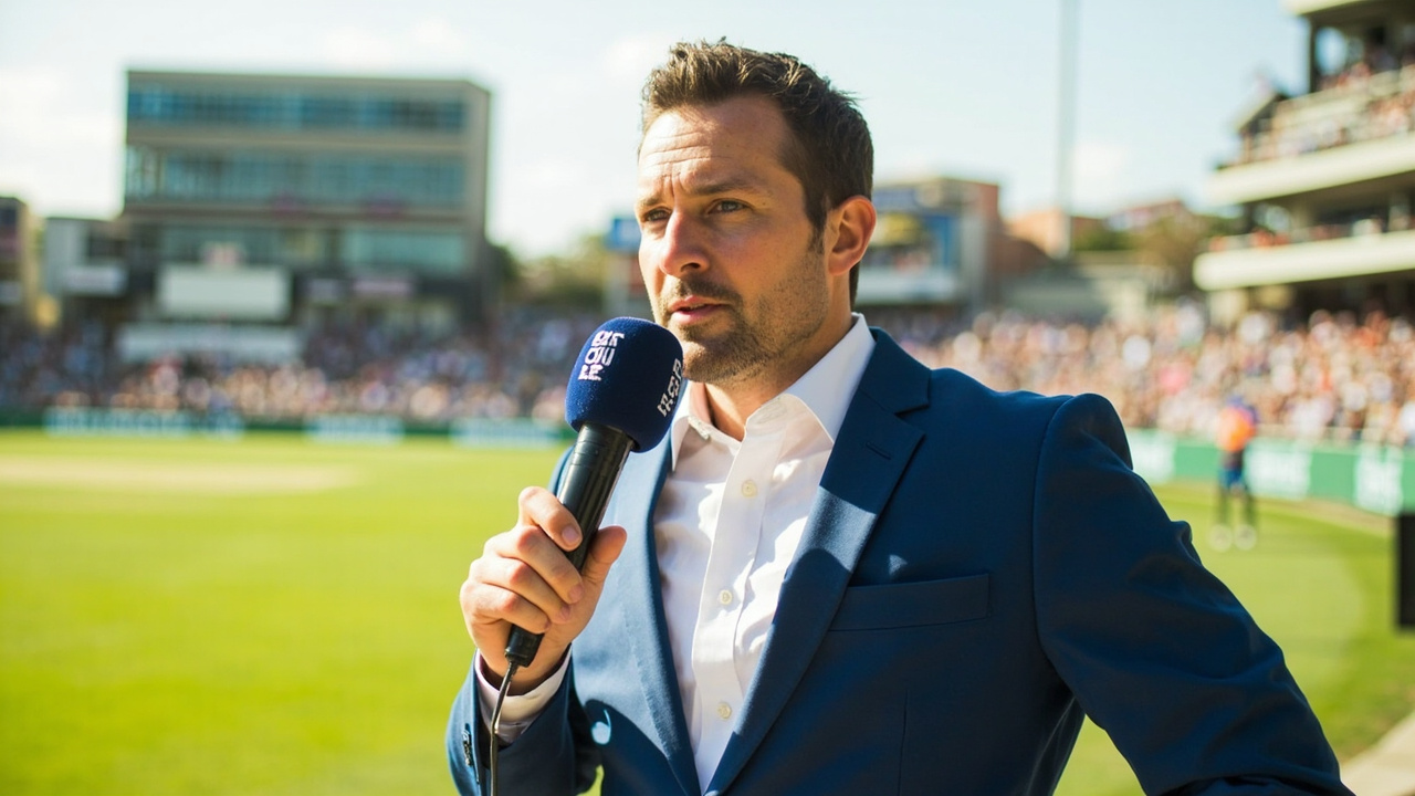 A sports reporter holding a microphone pitchside at a sunny cricket stadium