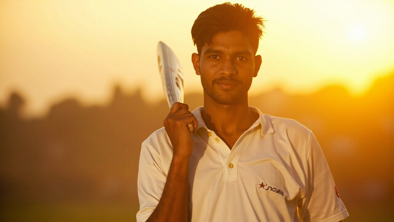 A young Indian cricket batsman portrait with bat resting on shoulder in bright golden-hour sunlight