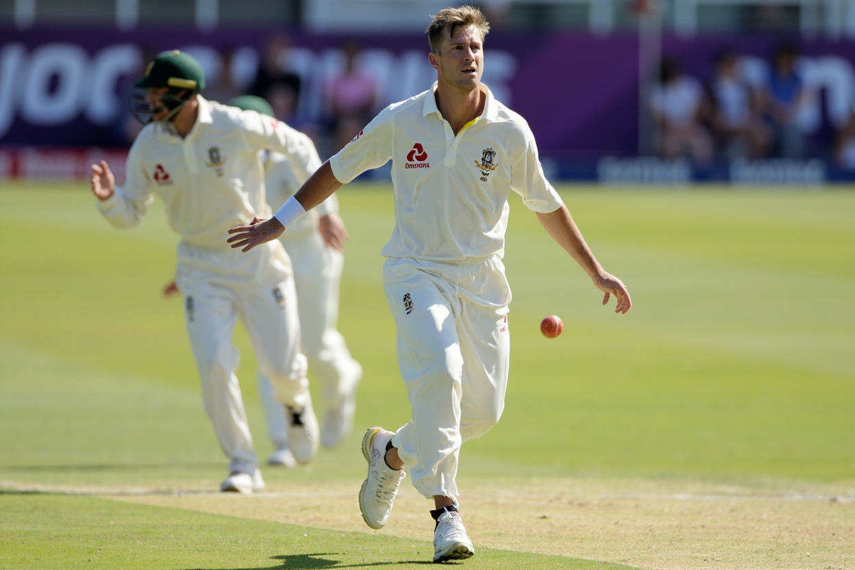 A cricket all-rounder running in to bowl under bright daylight