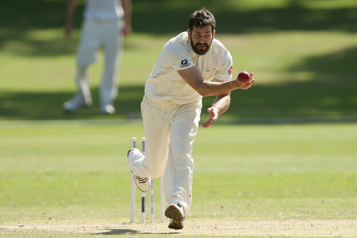 A cricket bowler in delivery stride with the ball just leaving the hand, bright sunlight on the pitch