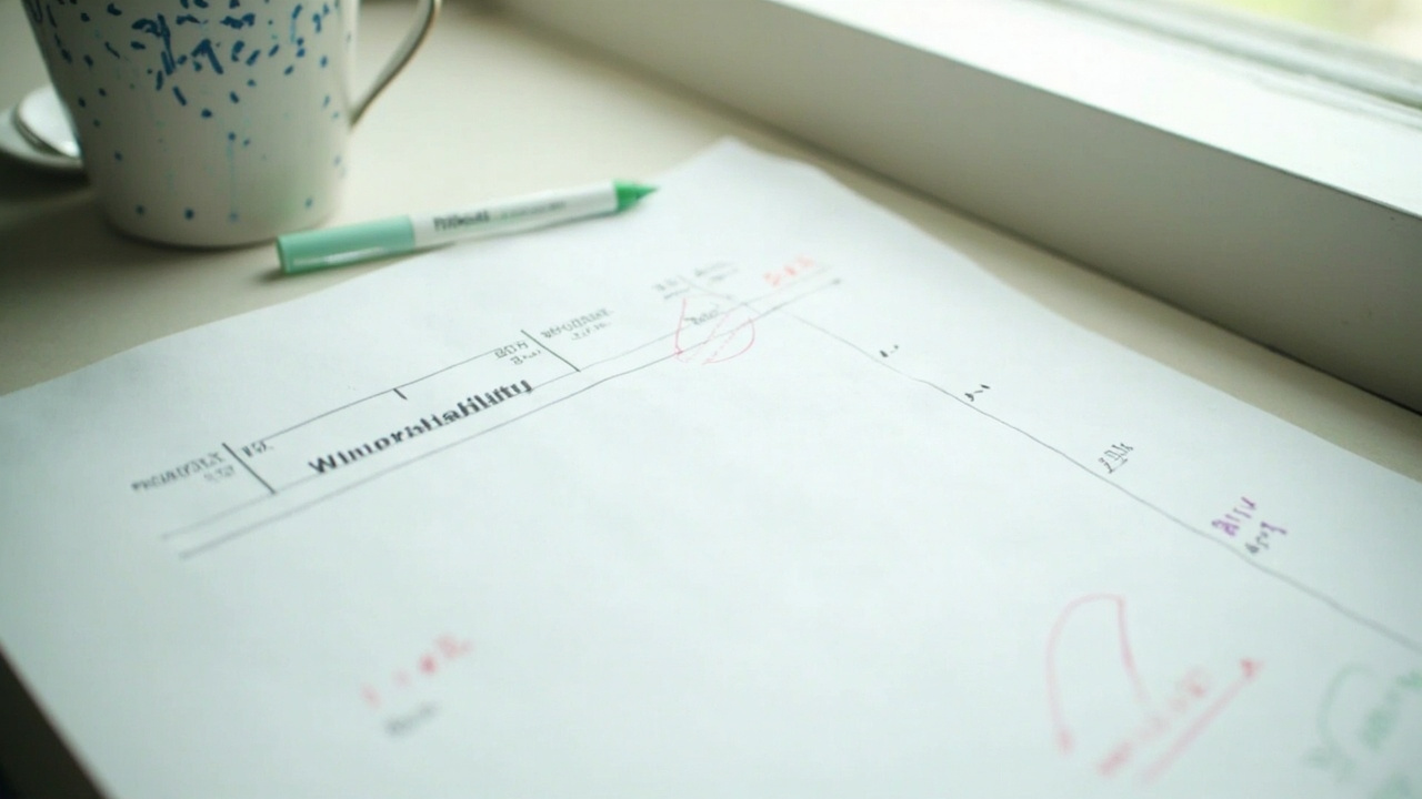 A win-probability chart printed on white paper with mint pen annotations in bright window light