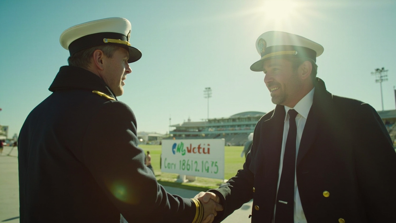 Two captains shaking hands at the toss under bright sunlight