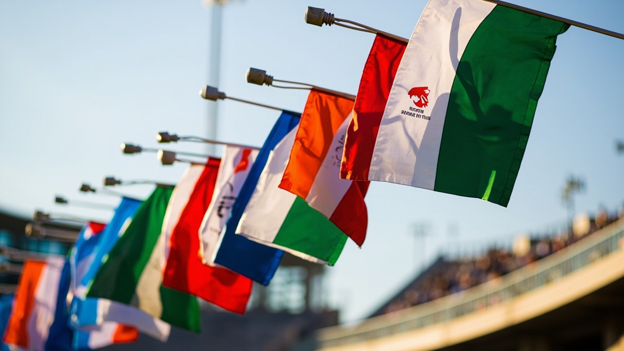 Ten Indian franchise cricket team flags hanging side by side at a stadium in daylight