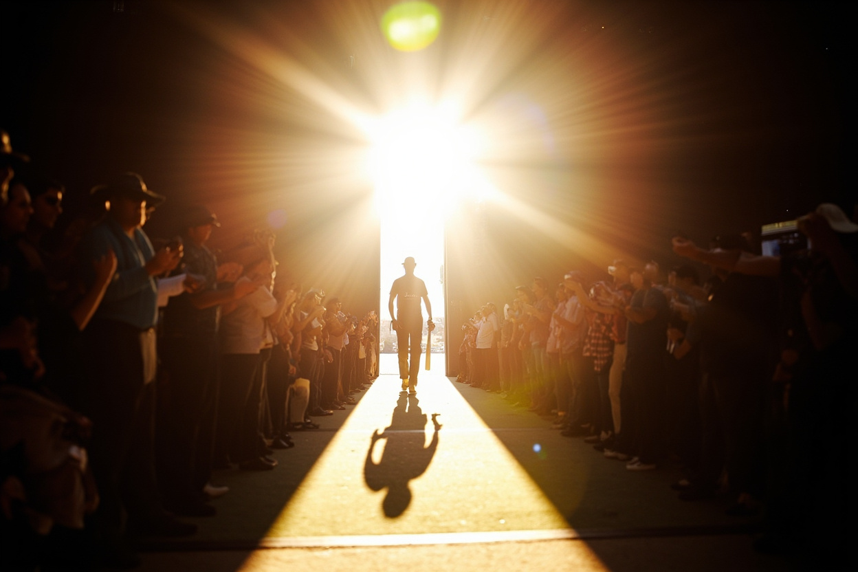 A cricket batsman walking out to bat through a bright sunlight corridor of fans