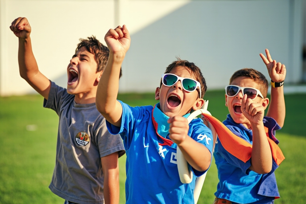 Three young Indian cricket fans with raised arms celebrating a win on a turf in bright daylight