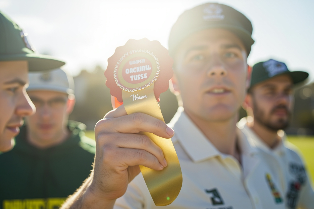 A cricket team photo with a winner ribbon in bright sunlight