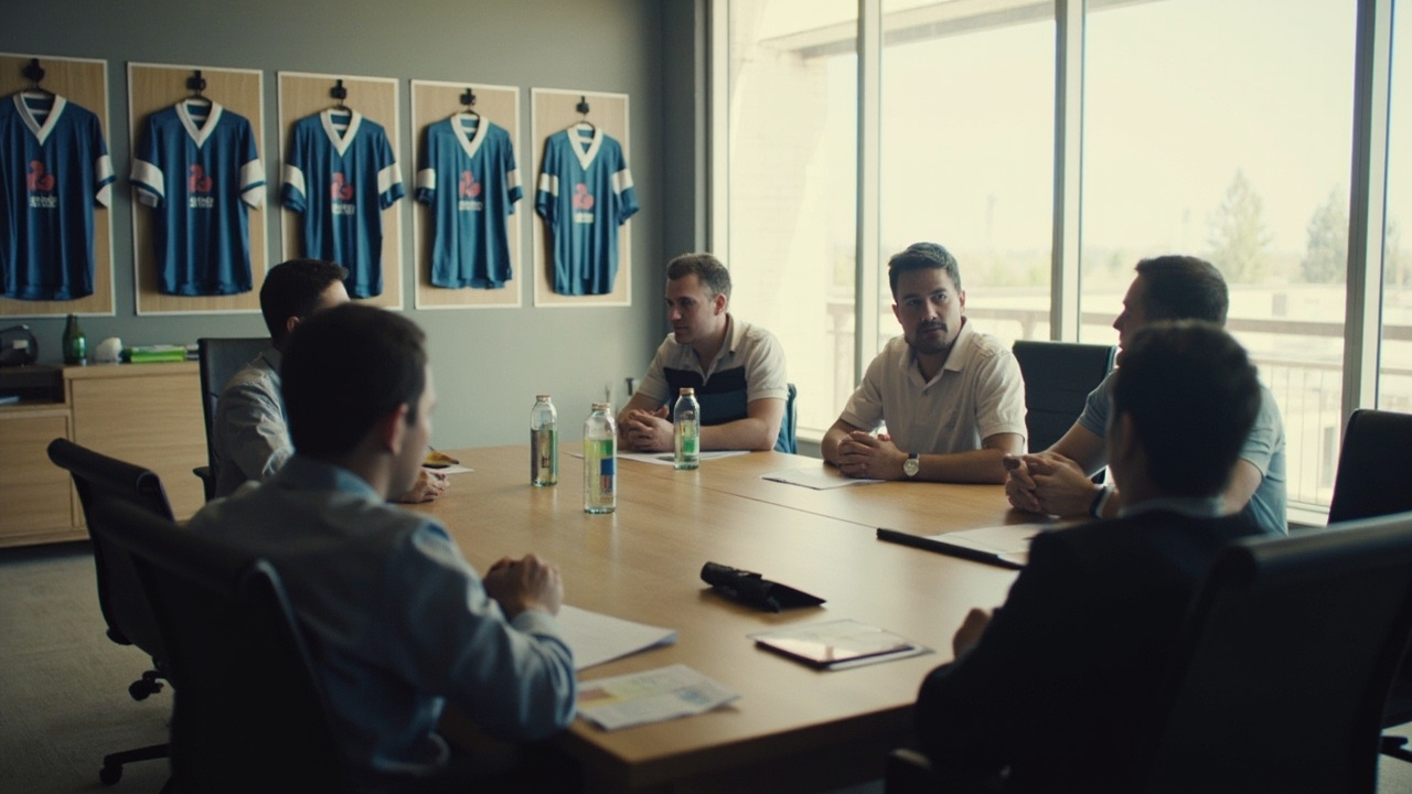 A team meeting in a bright office with cricket jerseys on a wall