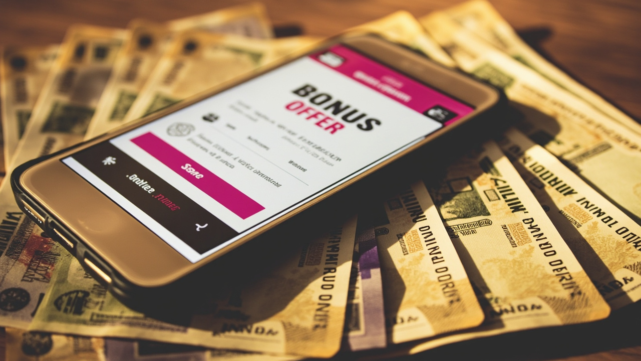 Indian rupee notes fanned out next to a smartphone displaying a bonus offer screen in bright daylight