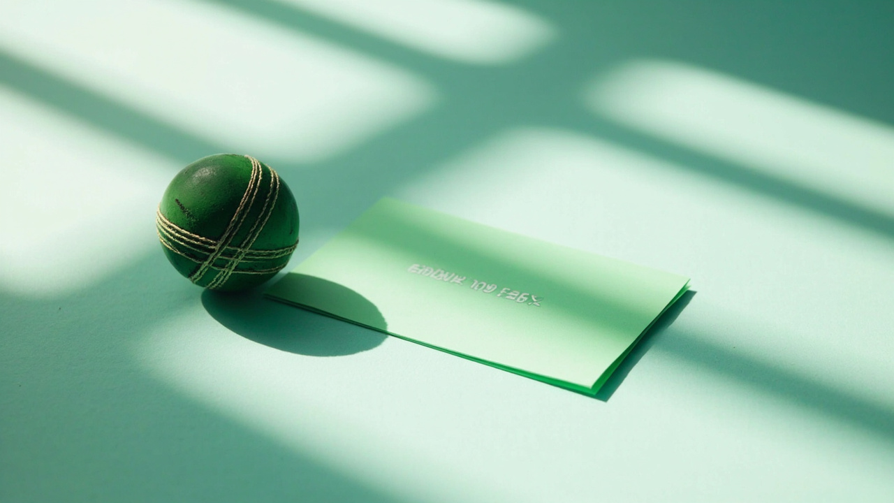 A printed bonus code on a mint-coloured card next to a cricket ball on a wooden desk in bright window light