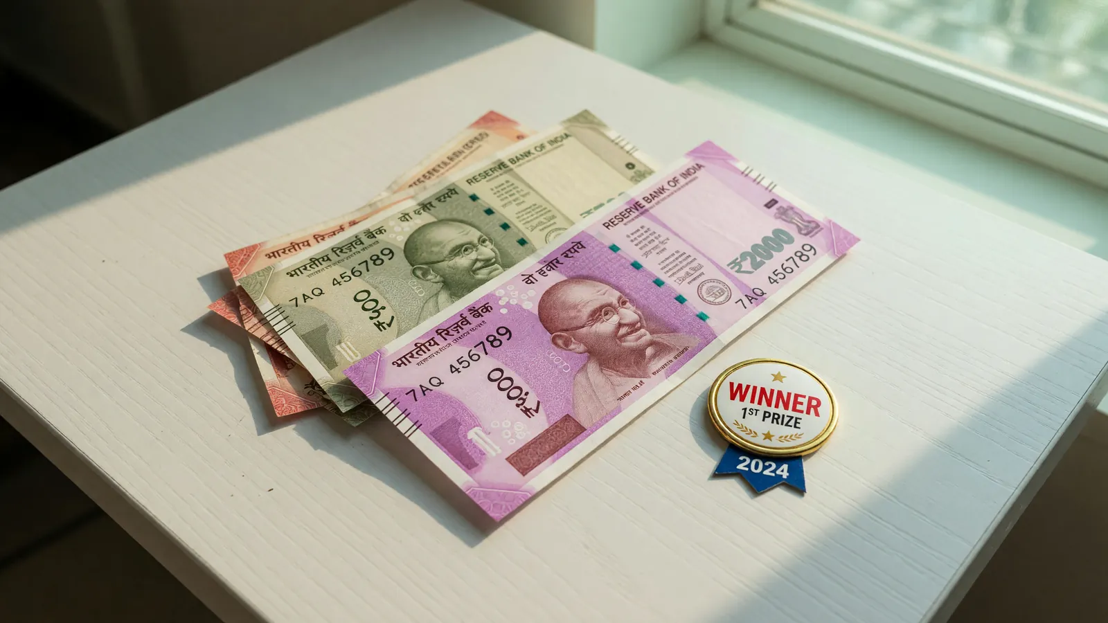 Indian rupee notes and a winner badge on a clean white desk in bright daylight
