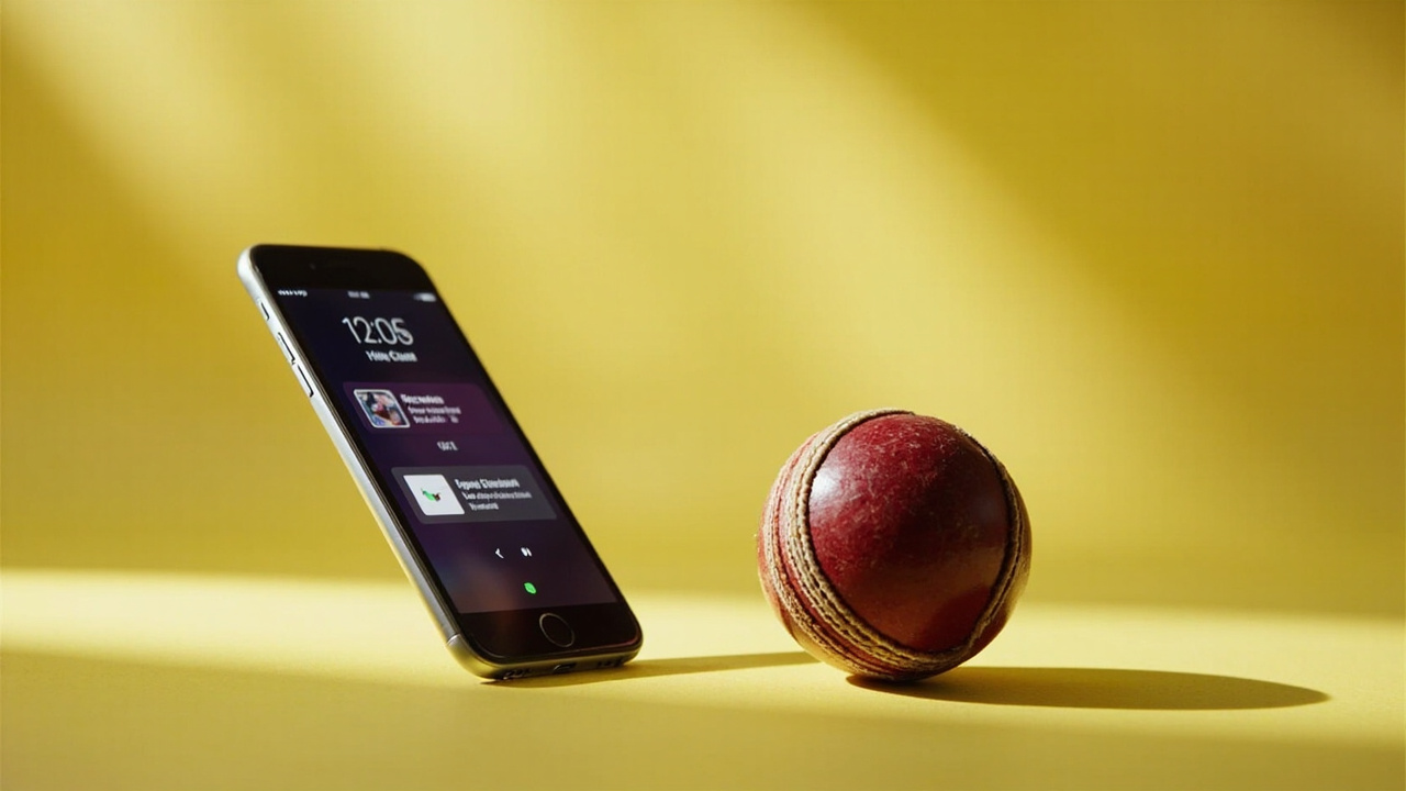A smartphone showing a help chat interface with a cricket ball in the foreground in bright daylight