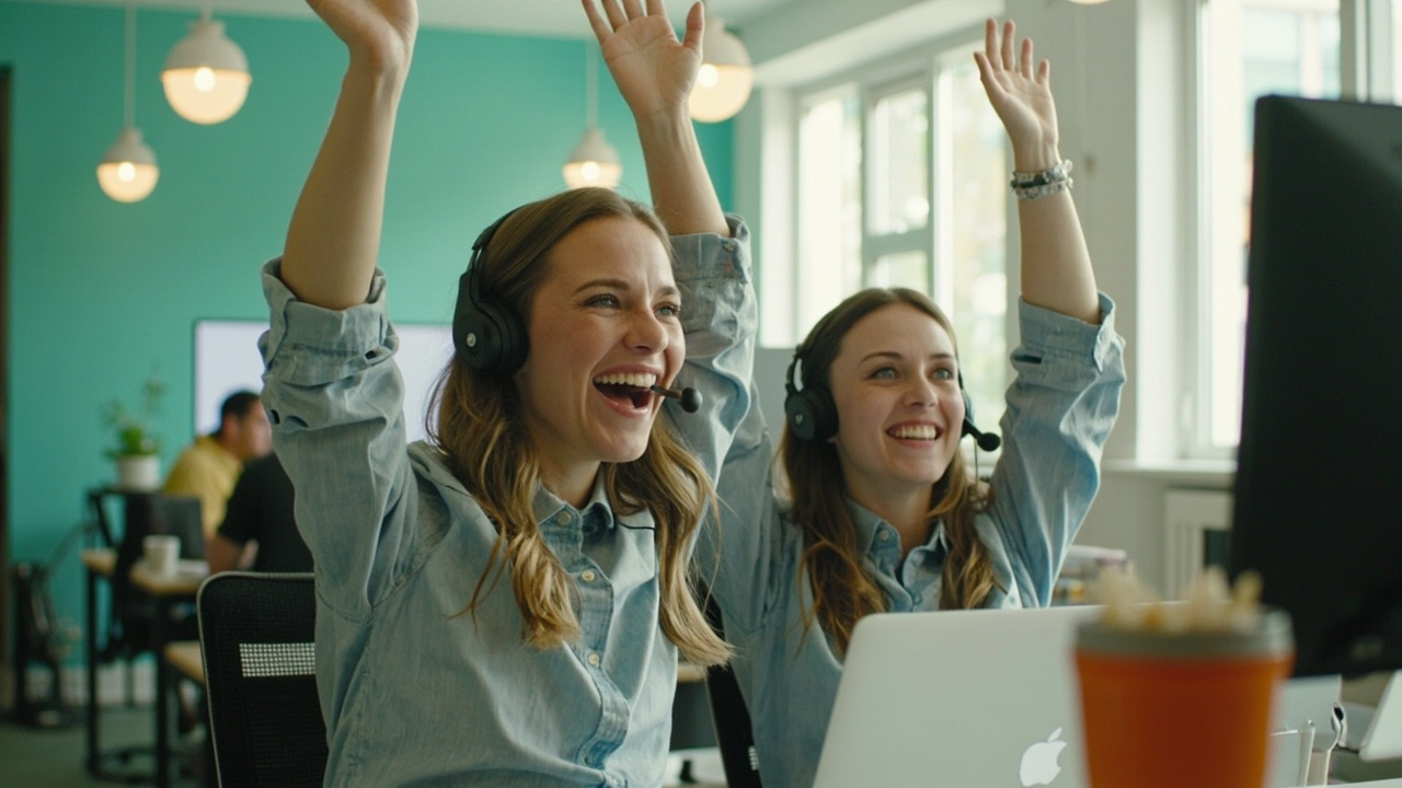 A customer support team in a bright daytime office with mint accents
