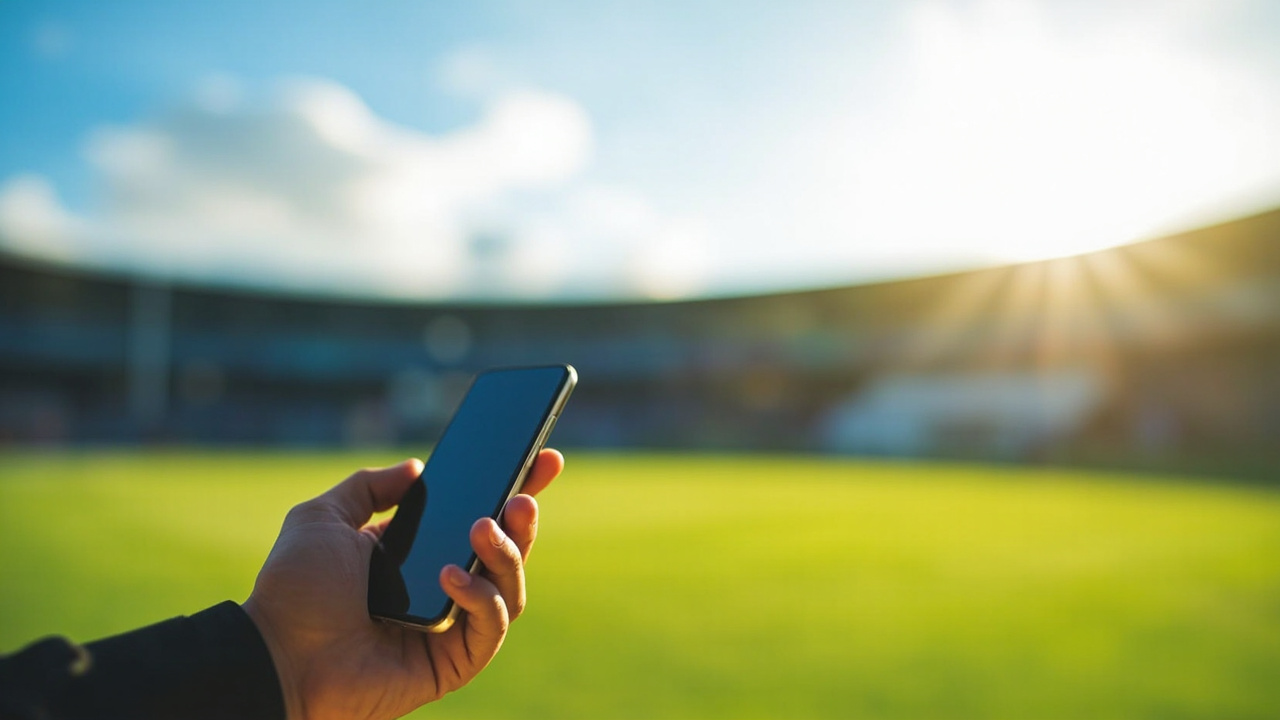 A hand downloading an app from a phone with a cricket stadium in the background under bright vibrant daylight