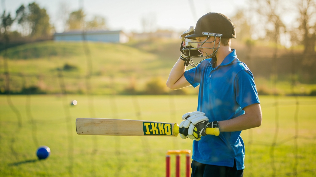 A beginner cricket player holding a bat for the first time at a sunny practice net