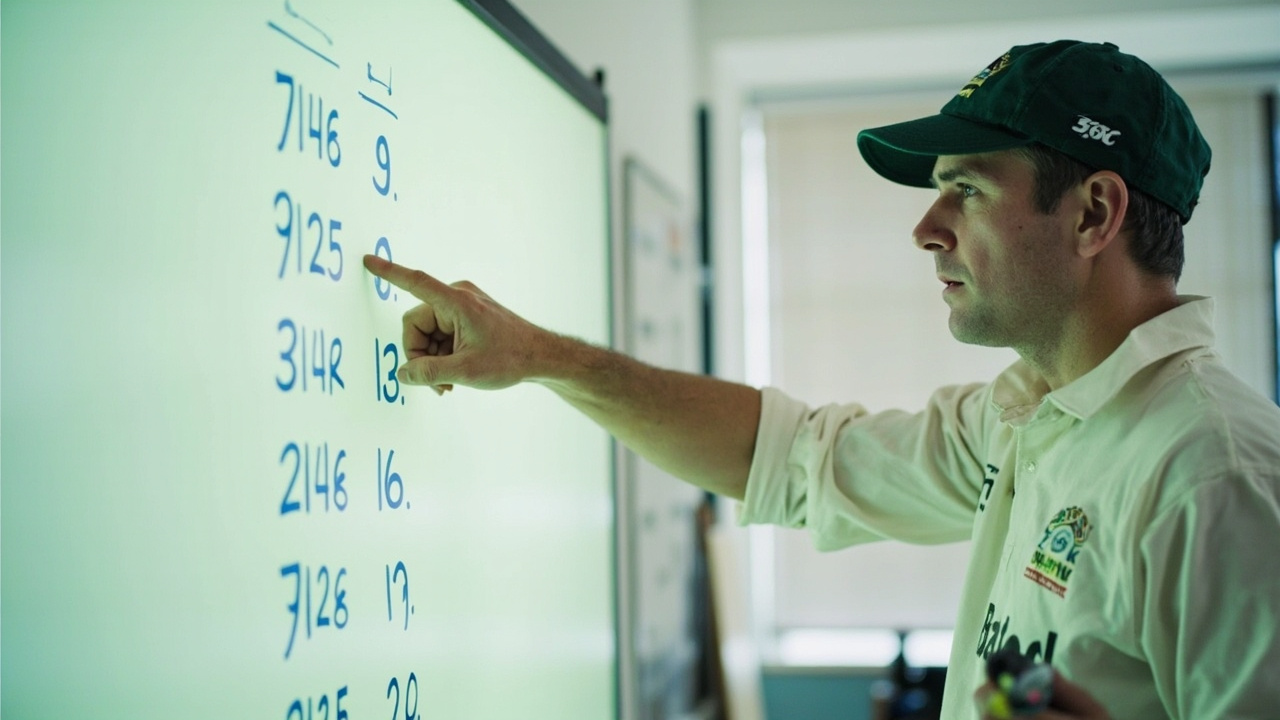 A cricket coach pointing to numbered steps on a whiteboard with mint ink in a bright classroom