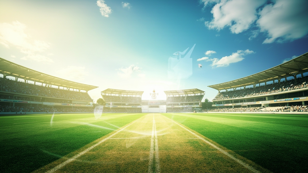 A cricket pitch view with overlay of selection arrows and numbers in bright daylight