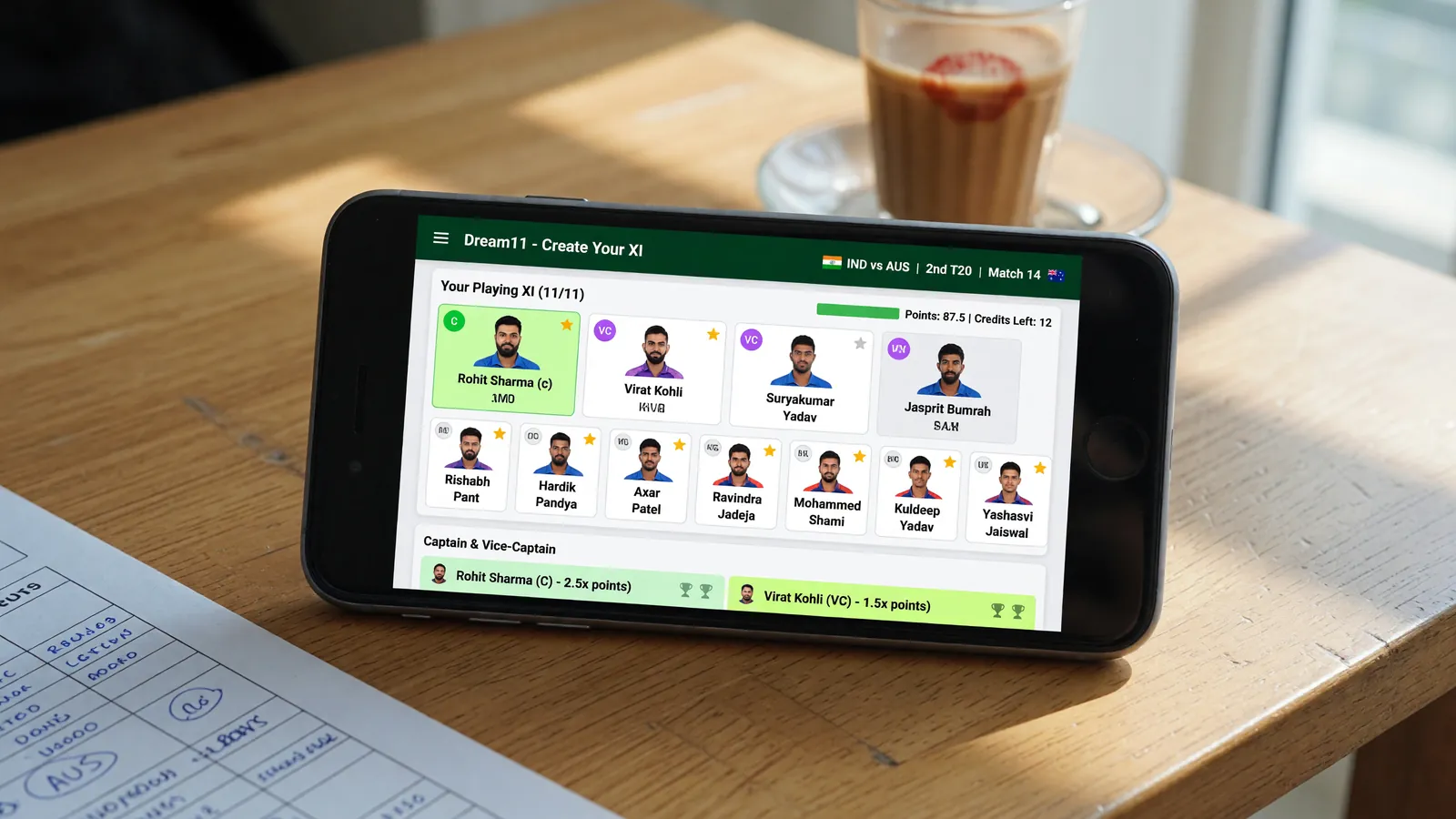 A smartphone displaying a fantasy cricket lineup builder with captain selection on a clean wooden desk in bright daylight