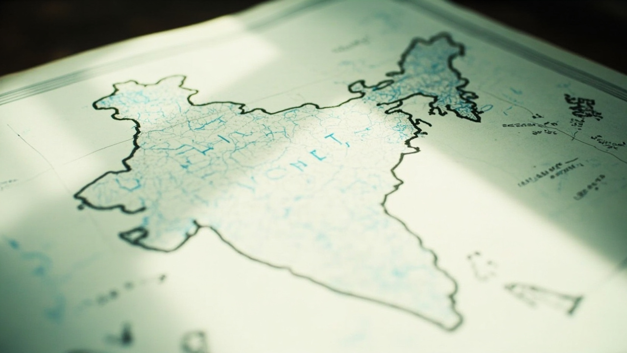 An Indian map outline on a printed document with mint pen markings in bright window light