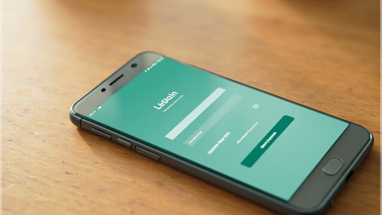 A smartphone on a wooden desk displays a clean login screen with mint coloured input fields in bright daylight