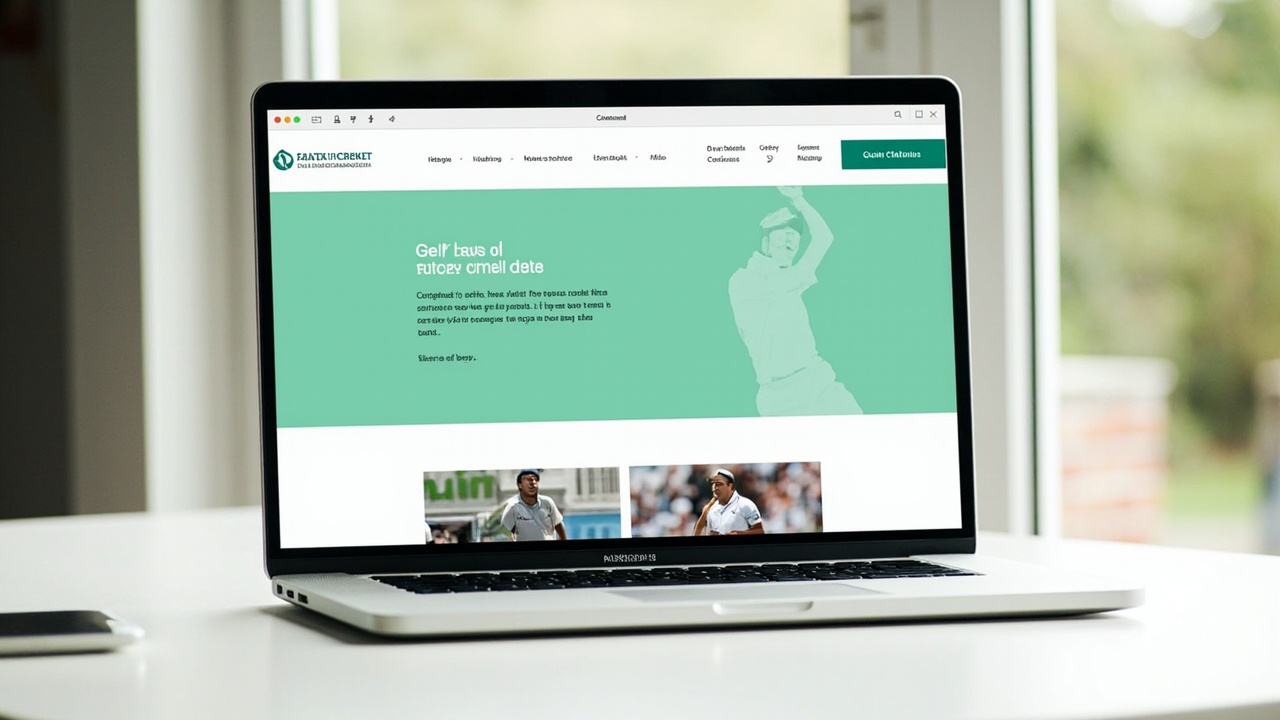 A laptop displaying a clean fantasy cricket website in mint and white colours on a desk in bright daylight