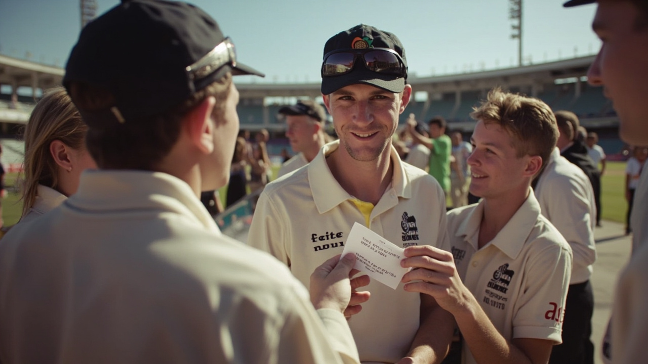 Two cricket fans exchanging a referral code with a printed slip at a stadium gate in bright daylight
