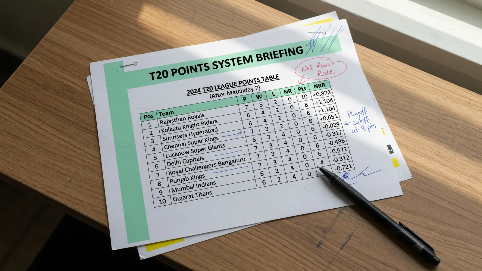A printed points briefing card laid out on a wooden desk with pen marks in bright window light