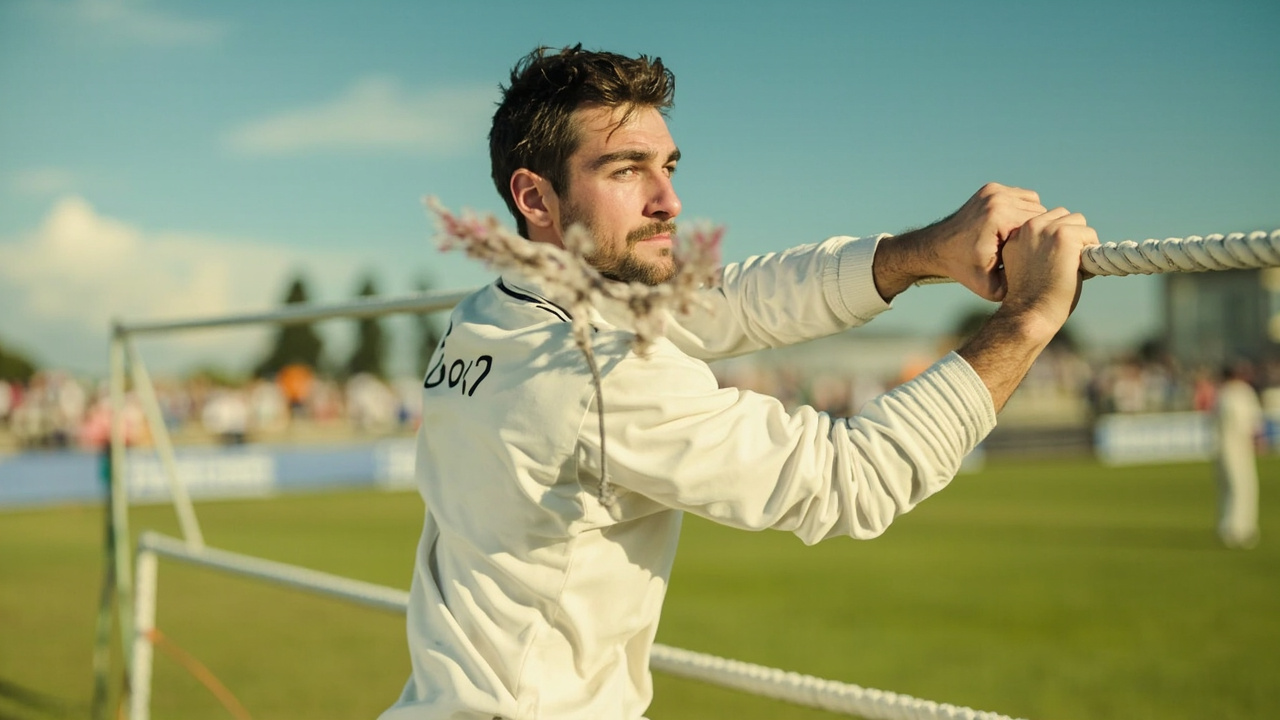 A cricket player stretching at the boundary rope before a match in bright daylight