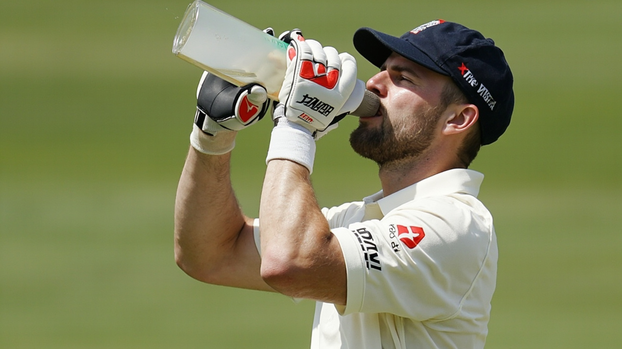A cricket player drinking water at a sunny practice session
