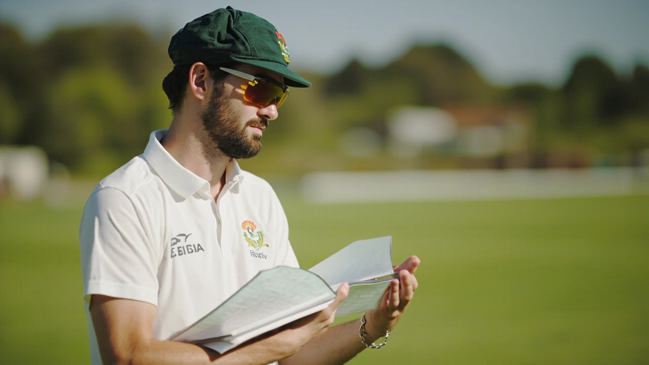 A cricket player taking notes in a notebook at a sunny practice ground
