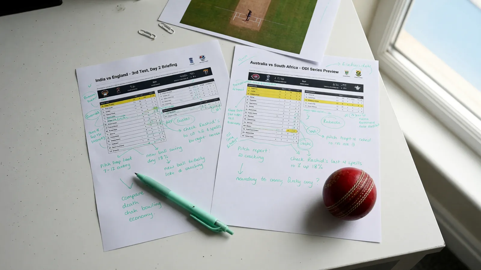 A research analyst comparing two printed match briefings on a clean white desk in bright window light