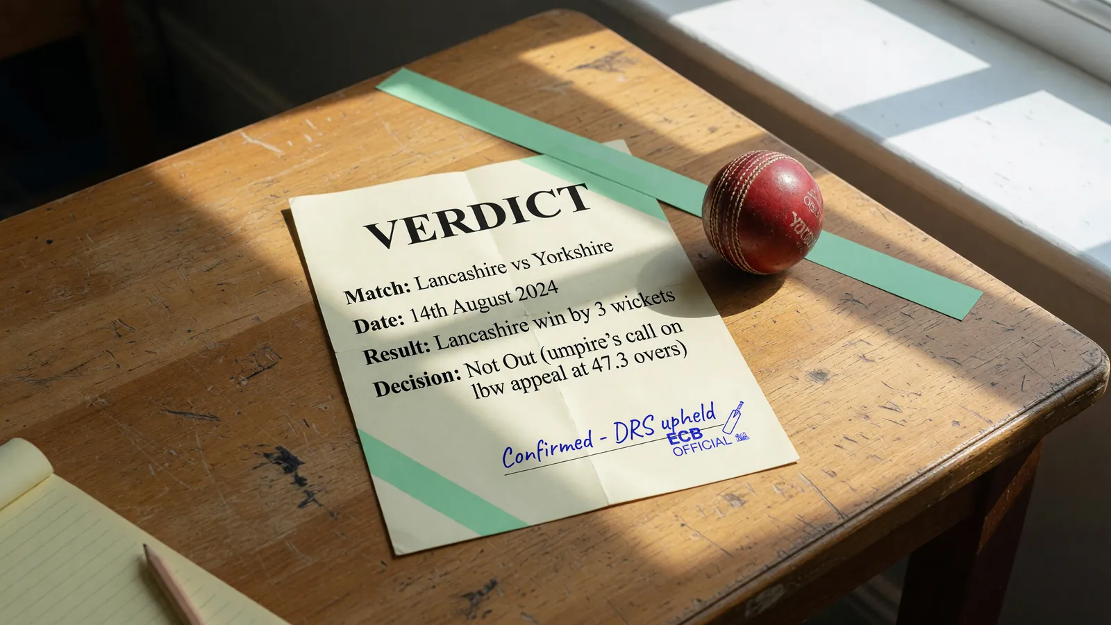 A printed verdict card on a wooden desk in bright window light