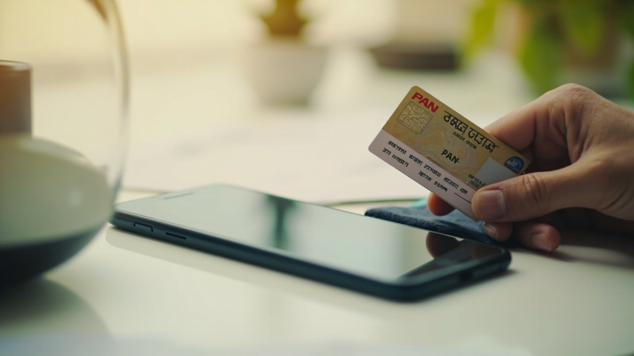 A hand holding an Indian PAN card next to a smartphone on a clean desk in bright daylight