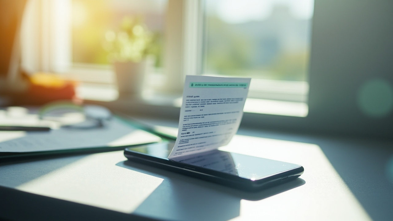 A document verification on a smartphone with mint highlight on a desk in bright window light