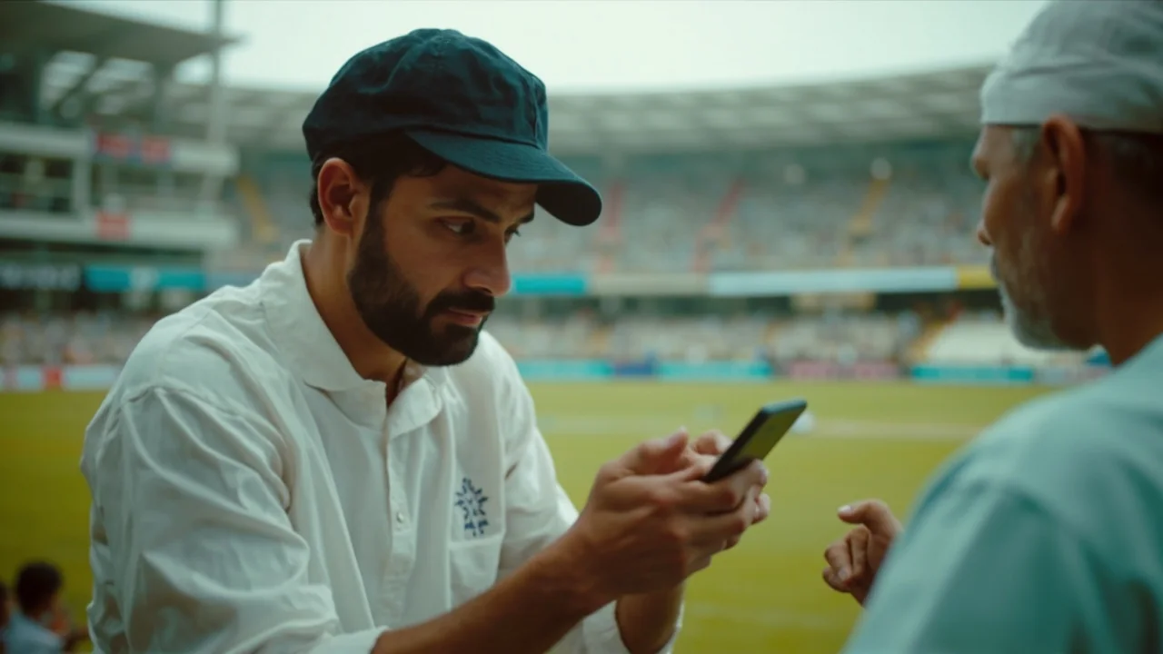 A hand holding a smartphone displaying the Fantoss app interface with player cards and contest list in mint and white colours in bright daylight
