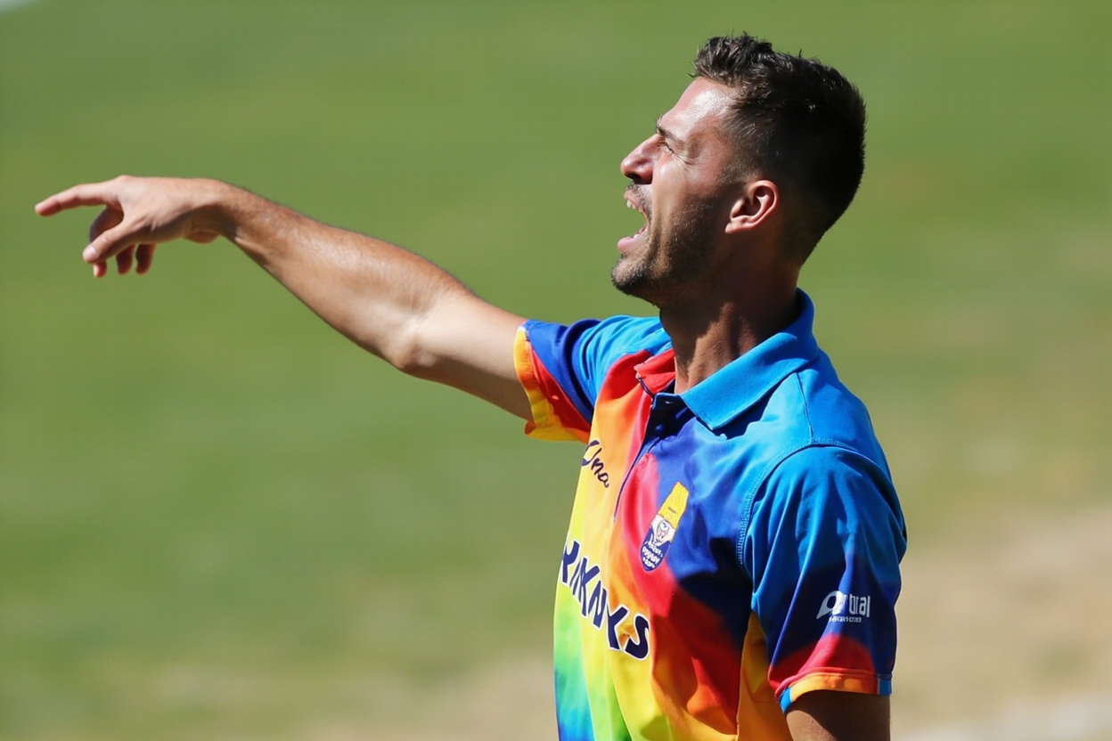 A cricket captain in coloured jersey pointing to the dugout during a daytime match