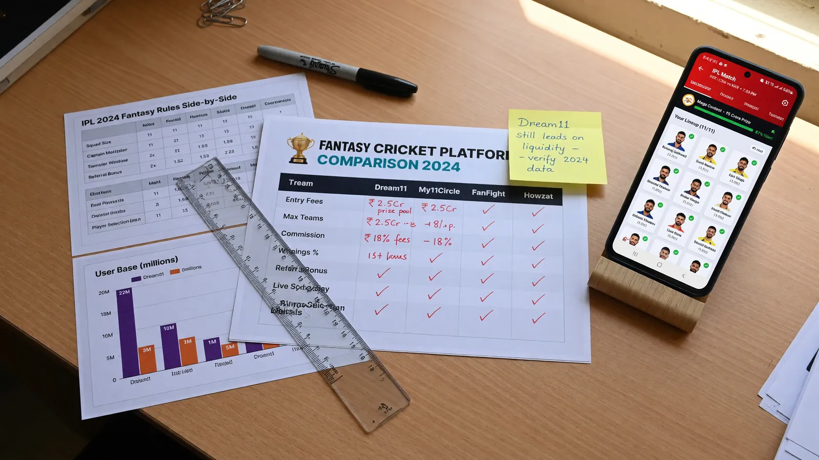 A measured comparison desk with printed comparison cards and a smartphone in daylight