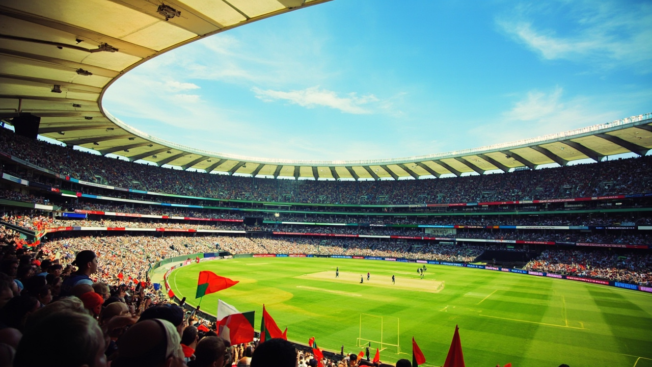 An Indian Premier League stadium concourse with supporters milling around in bright daylight