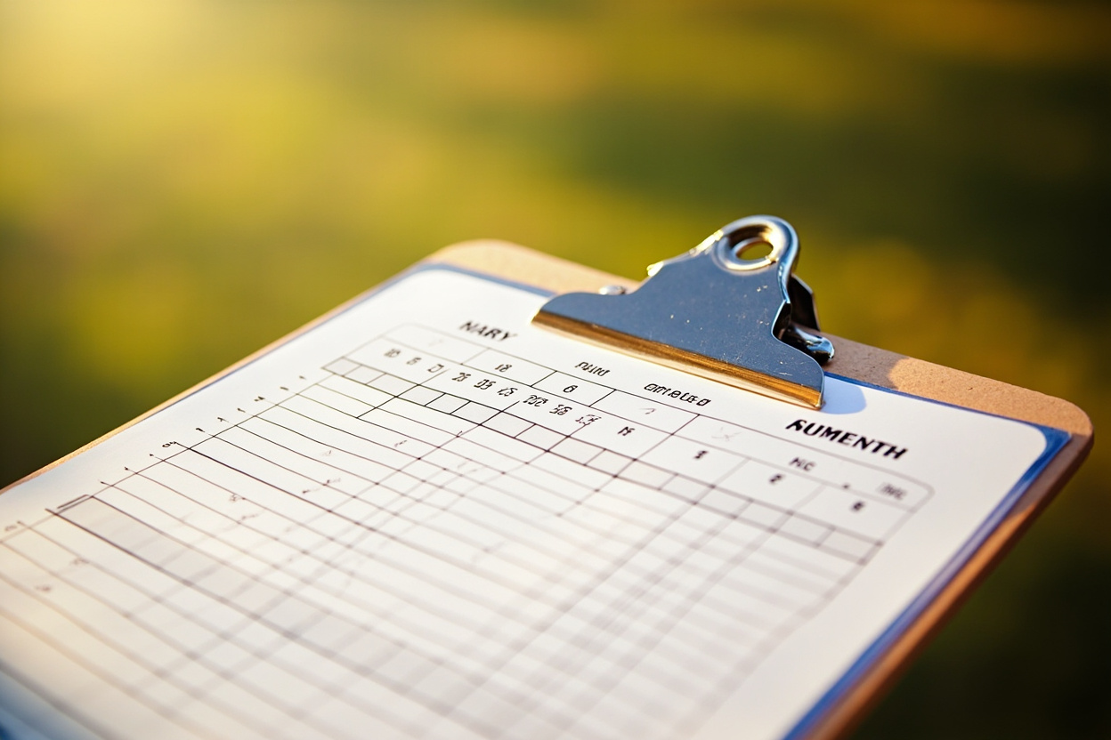 A printed points briefing document with rows and runs tallied on a wooden desk in bright window light