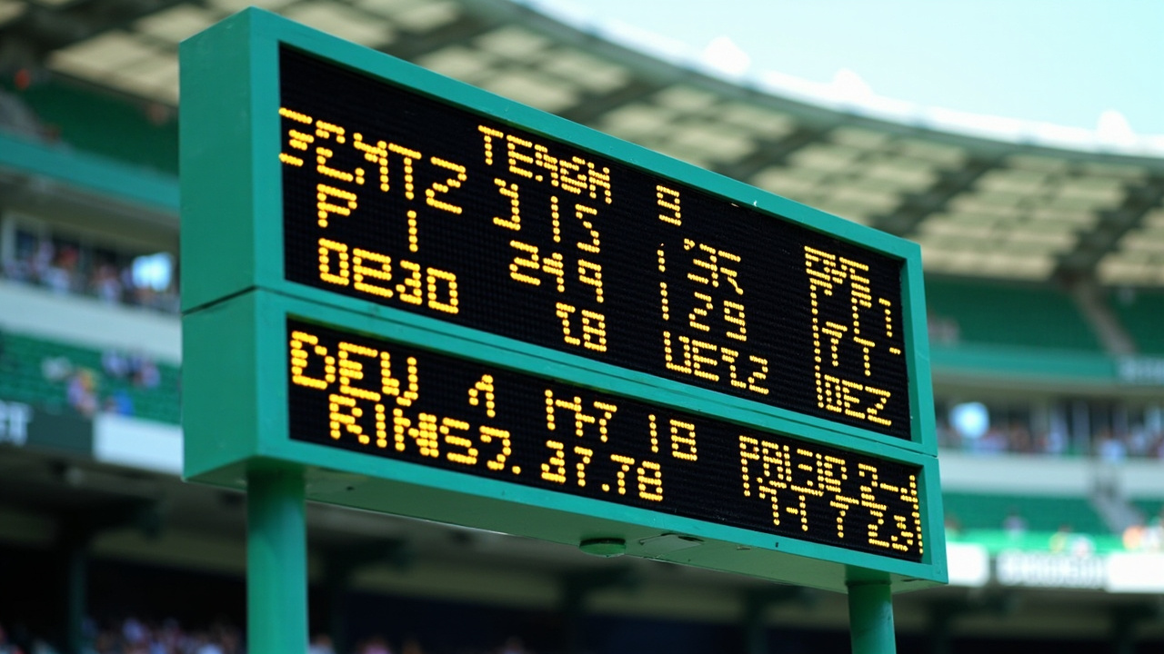 A printed score strip showing runs, wickets and overs on a wooden desk in daylight